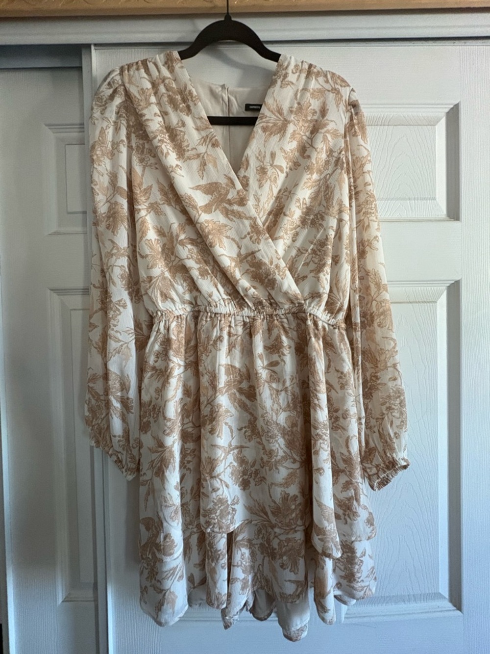 Express Cream and Tan Floral Wrap Long Sleeve Dress
